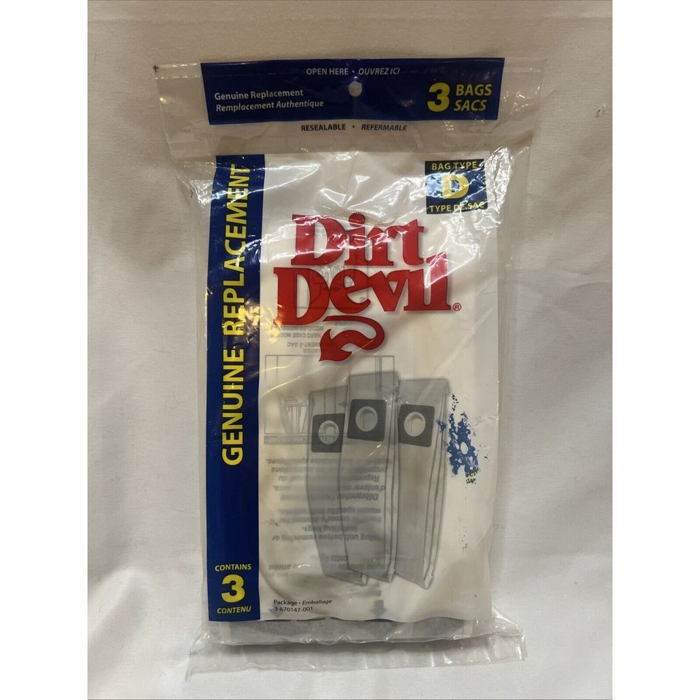 (3) Dirt Devil 3670147001 Type D Vacuum Bags‎ Genuine Replacement SEALED